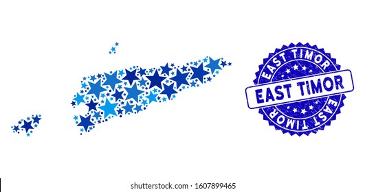 Blue East Timor map mosaic of stars, and scratched round stamp seal. Abstract geographic plan in blue shades. Vector East Timor map is shaped of blue stars.