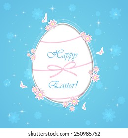 Blue Easter background with egg, flower and butterfly, illustration.