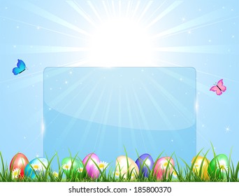 Blue Easter banner with eggs in a grass, illustration.