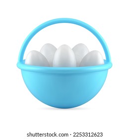 Blue Easter basket with white glossy chicken eggs festive present 3d icon decor element realistic vector illustration. Premium religious holiday blessing gift with handle decorative eggshell design