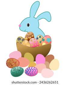 Blue Easter bunny with colorful Easter eggs in a bowl