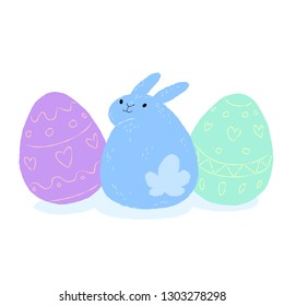 Blue Easter Bunny. Fluffy cartoon rabbit hiding between two painted Easter eggs.