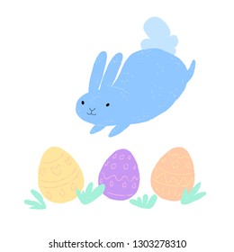 Blue Easter Bunny. Fluffy cartoon rabbit hopping over painted Easter eggs.