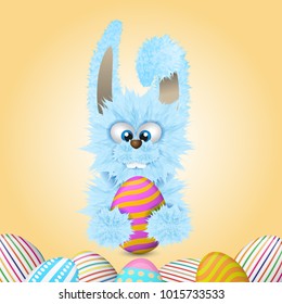 Blue Easter bunny is holding painted and decorated egg. Vector illustration. Cartoon animal character. Easter symbol.