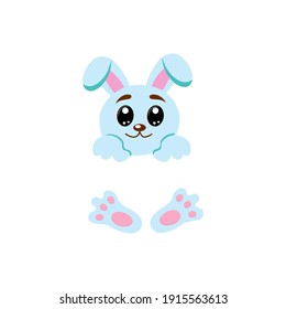 Blue easter bunny text frame on white isolated background. Vector easter frames hare flat, cartoon design.