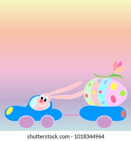 Blue easter car with smiling bunny and bright egg,  easy made, possible to change all colors