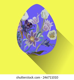 Blue Easter egg with floral ornaments  on an yellow  background. Hand drawn. 