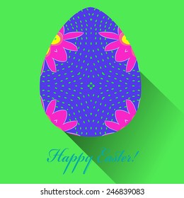 Blue Easter egg with floral ornaments, text  on a green   background. Hand drawn. 