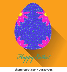 Blue Easter egg with floral ornaments, text  on an orange  background. Hand drawn. 