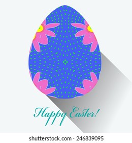 Blue Easter egg with floral ornaments, text  on a  white  background. Hand drawn. 