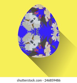 Blue Easter egg with floral ornaments  on an yellow  background. Hand drawn. 