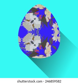 Blue Easter egg with floral ornaments  on an azure  background. Hand drawn. 