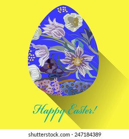 Blue Easter egg with floral ornaments, text   on an yellow    background. Hand drawn. 