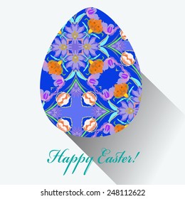 Blue Easter egg with floral ornaments, text  on a  white   background. Hand drawn. 