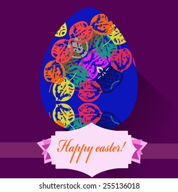 Blue Easter egg with floral ornaments, label on a dark pink  background. Hand drawn. 