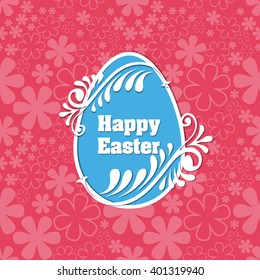 Blue Easter egg with inscription Happy Easter and flowers around it on red floral background . Happy Easter greeting card. Happy Easter egg with flowers. Happy Easter symbol. Vector illustration.
