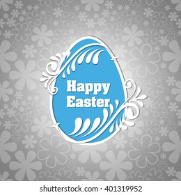 Blue Easter egg with inscription Happy Easter and flowers around it on floral background . Happy Easter greeting card. Happy Easter egg with flowers. Happy Easter symbol. Vector illustration.