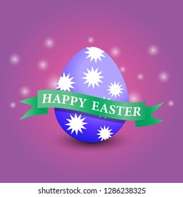 Blue Easter egg on gradient purple background with happy Easter inscription on green ribbon-vector illustration