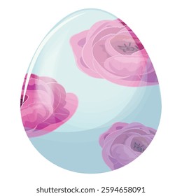 Blue Easter egg with pink roses, elegant spring collection in outline cartoon style
