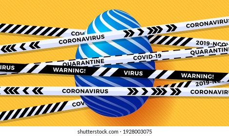 Blue Easter egg and Quarantine biohazard danger. white and black stripes. Coronavirus Covid and happy easter canceled concept. Vector illustration 