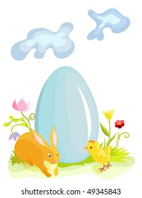 Blue easter egg with rabbit and chicken