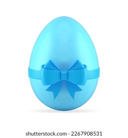 Blue Easter eggs festive present with tied bow ribbon religious holiday decor 3d icon realistic vector illustration. Premium eggshell elegant glossy decorative design traditional treat wrapped gift
