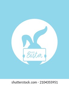 Blue Easter greeting card with bunny is holding a sign with a greeting.
