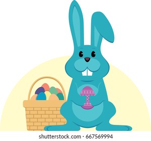 Blue Easter holiday bunny with color collection of eggs