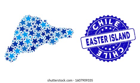 Blue Easter Island map composition of stars, and distress rounded stamp. Abstract territory plan in blue color tinges. Vector Easter Island map is shaped of blue stars.