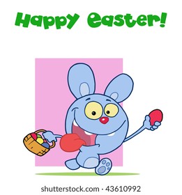 Blue easter rabbit running and holding up an egg and carrying a basket