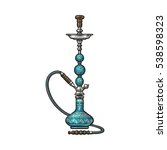 Blue Eastern, Turkish, Arabic, Persian glass and metal hookah, sketch vector illustration isolated on white background. Realistic hand-drawing of blue colored hookah, smoking attribute