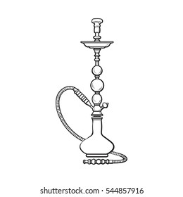 Blue Eastern, Turkish, Arabic, Persian glass and metal hookah, sketch vector illustration isolated on white background. Realistic hand-drawing hookah, smoking attribute