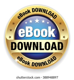 Blue ebook download badge with gold border on white background