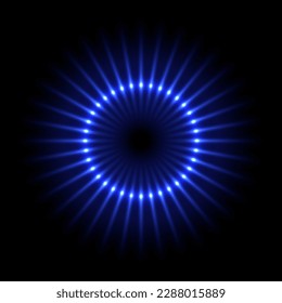 Blue eclipse with fiery flashes on edge vector illustration. Abstract circle frame of gas, planet or star with sparkles and energy flare, globe with glow light effect of shiny corona.