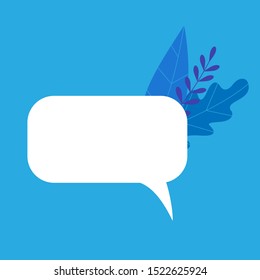 Blue eco bubble chat with foliage on the side. An empty circle minimal talk with organic product elements such as leaves. Copy space. Vector flat illustration isolated on blue background. 