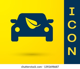 Blue Eco car concept drive with leaf icon isolated on yellow background. Green energy car symbol. Vector Illustration