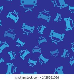 Blue Eco car concept drive with leaf icon isolated seamless pattern on blue background. Green energy car symbol. Vector Illustration