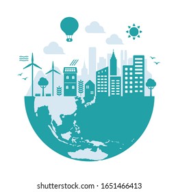 Blue Eco City Vector Illustration ( Ecology Concept , Nature Conservation ) / No Text