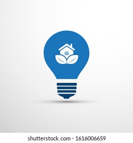 Blue Eco Energy Concept or Icon Design - Smart Home, House and Leaves Inside a Light Bulb