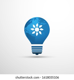 Blue Eco Energy Concept Icon Design - White Sun Inside an Earth Globe and a Light Bulb