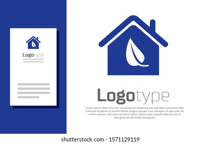 Blue Eco friendly house icon isolated on white background. Eco house with leaf. Logo design template element. Vector Illustration