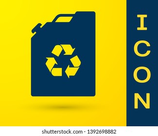 Blue Eco fuel canister icon isolated on yellow background. Eco bio and barrel. Green environment and recycle. Vector Illustration