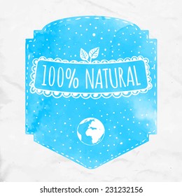 Blue eco label with text 100% natural, leaves and little earth glove. Vector badge on the rumpled paper. Artistic design for natural products (cosmetic, food, craft).