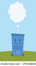 Blue eco trash can with title Plastic. Zero waste concept. Cute character, mascot. Vector cartoon flat illustration isolated on white background. 