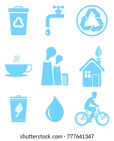 Blue ecology saving and warning isolated vector illustrations set. Recycling agitation, stop pollution and water economization.