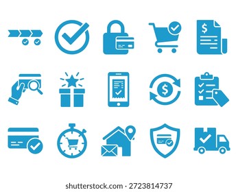 Blue E-commerce e Secure Payment Icon Set Apresentando Carrinho de Compras, Proteção de Cartão de Crédito, Recibo Online, Caminhão de Entrega, Caixa de Presente e Símbolos de Transação Financeira Isolados em Branco.