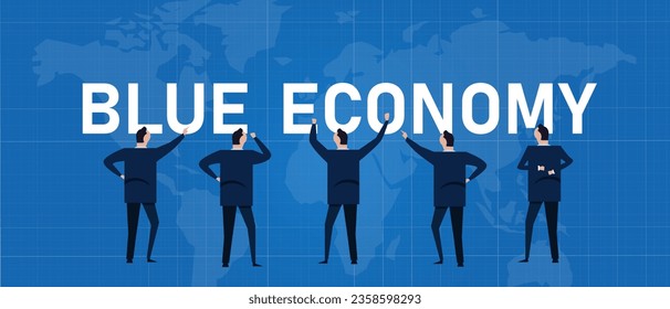 Blue economy business people discuss eco marine sea responsible economic financial investment 