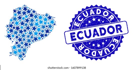Blue Ecuador map collage of stars, and scratched round stamp. Abstract territory scheme in blue color hues. Vector Ecuador map is designed of blue stars.