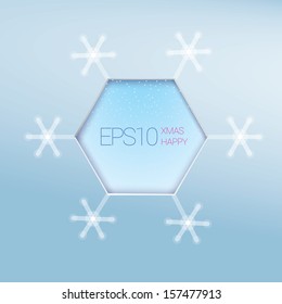 Blue edition of a scalable 3d eps10 hexagon framed content or text field with a geometric abstract  border and with a snowflake decoration around, a vector graphics for print or for universal use 