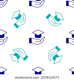 Blue Education grant icon isolated seamless pattern on white background. Tuition fee, financial education, budget fund, scholarship program, graduation hat.  Vector